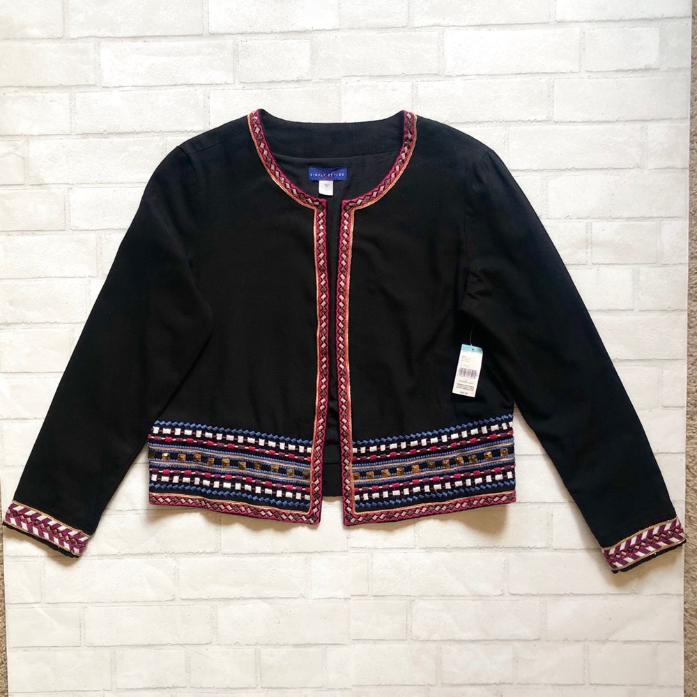 Simply Styled Sears Boho Embroidered Jacket Black 100% Cotton NWT Women's Large